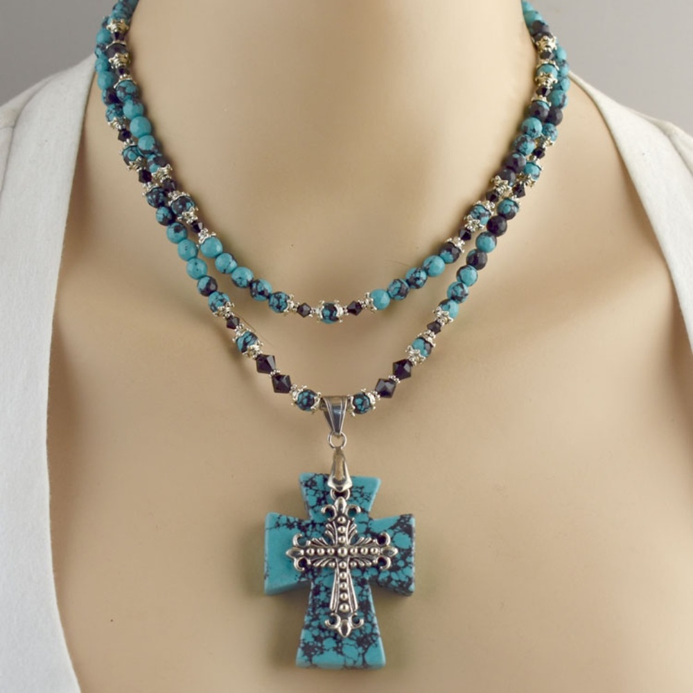 Heavy Matrix Double Layer Turquoise Cross Necklace - image 1